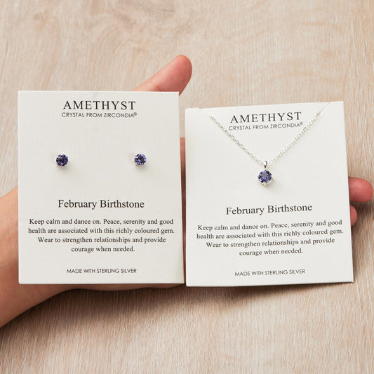 Sterling Silver February (Amethyst) Birthstone Necklace & Earrings Set Created with Zircondia® Crystals