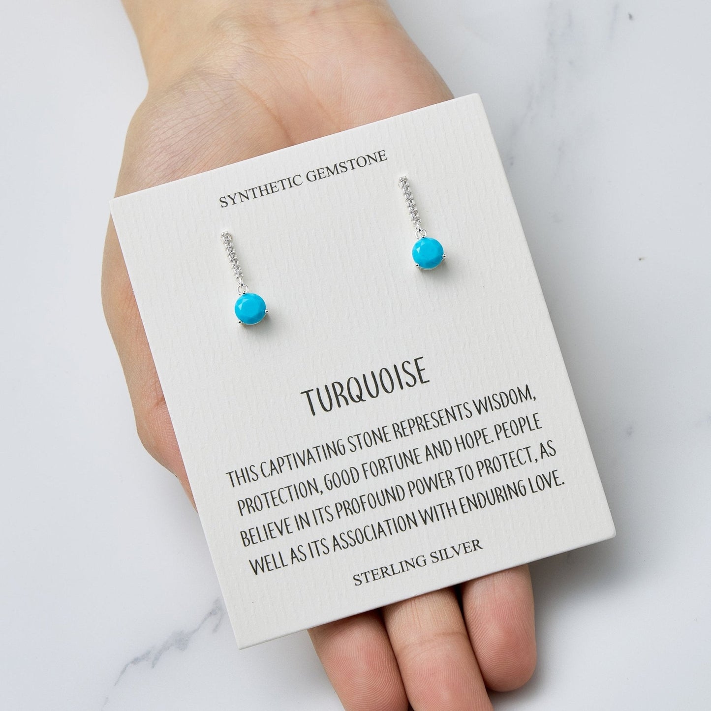 Sterling Silver Synthetic Turquoise Gemstone Drop Earrings with Quote Card