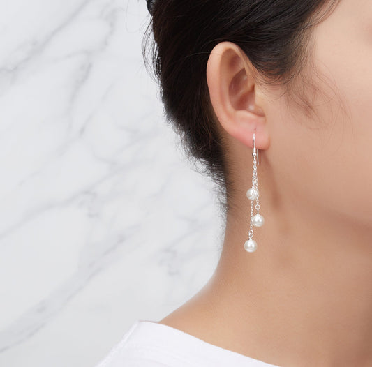 Sterling Silver Triple White Pearl Drop Earrings