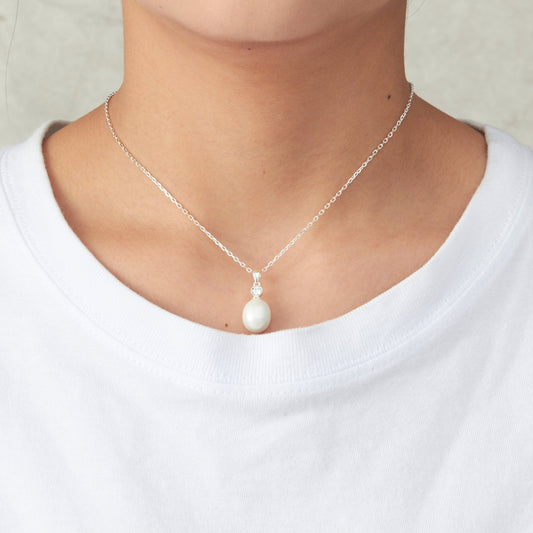 Sterling Silver White Pearl Drop Necklace Created with Zircondia® Crystals