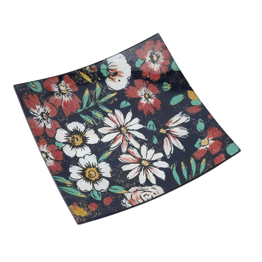 Petite assiette carrée en verre Twilight Bloom dans sa boîte cadeau