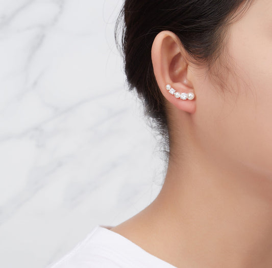 White Pearl Climber Earrings Created with Zircondia® Crystals