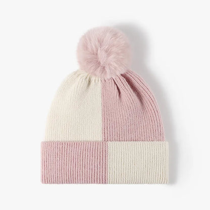 Color block knit hat with pom-pom - view 1