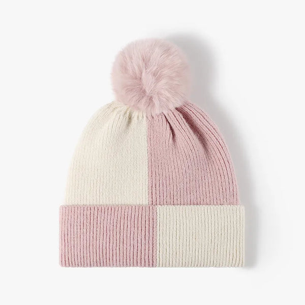 Color block knit hat with pom-pom - view 1