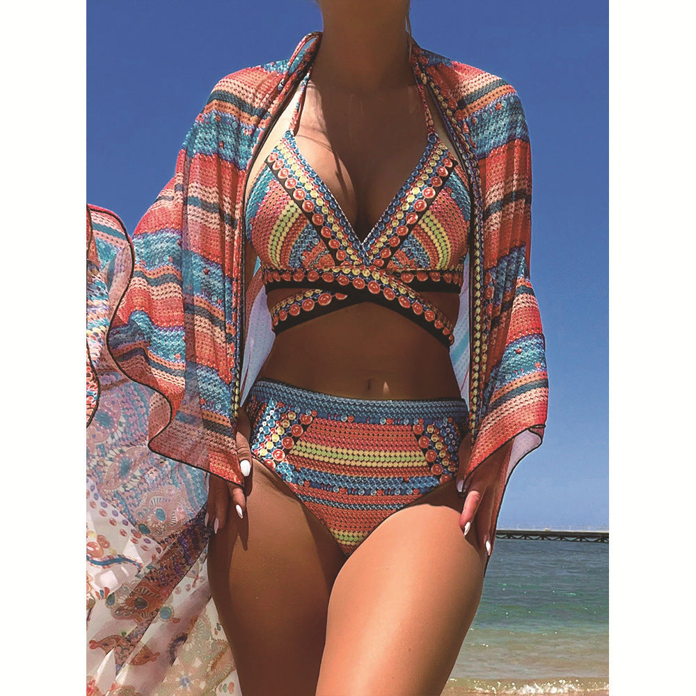 Maillot de bain rétro style ethnique pour femme à bretelles croisées et fendues