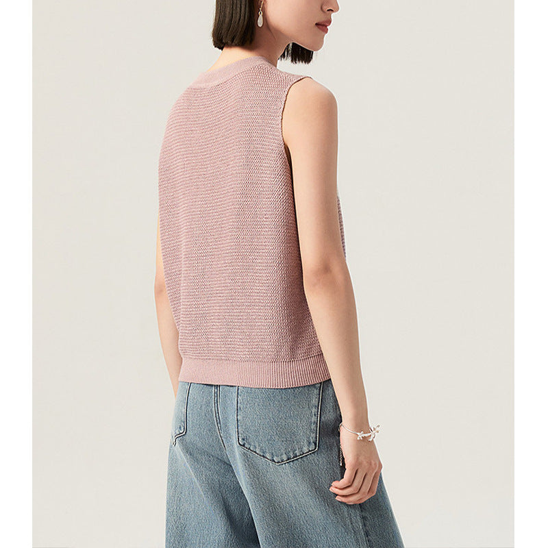 Lightweight Knit Sleeveless Top with Embroidery and Color-block Pattern, Elegant Summer Style