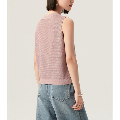 Lightweight Knit Sleeveless Top with Embroidery and Color-block Pattern, Elegant Summer Style