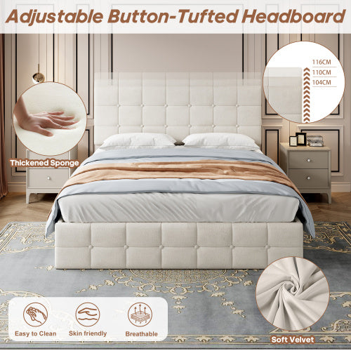 4ft6 Double Upholstered Storage Bed Frame, Velvet Ottoman Bed With Hydraulic Storage, Double Bed With Adjustable Button Tufted Headboard, Metal-Wood Support, No Mattress, Beige
