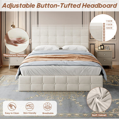 4ft6 Double Upholstered Storage Bed Frame, Velvet Ottoman Bed With Hydraulic Storage, Double Bed With Adjustable Button Tufted Headboard, Metal-Wood Support, No Mattress, Beige