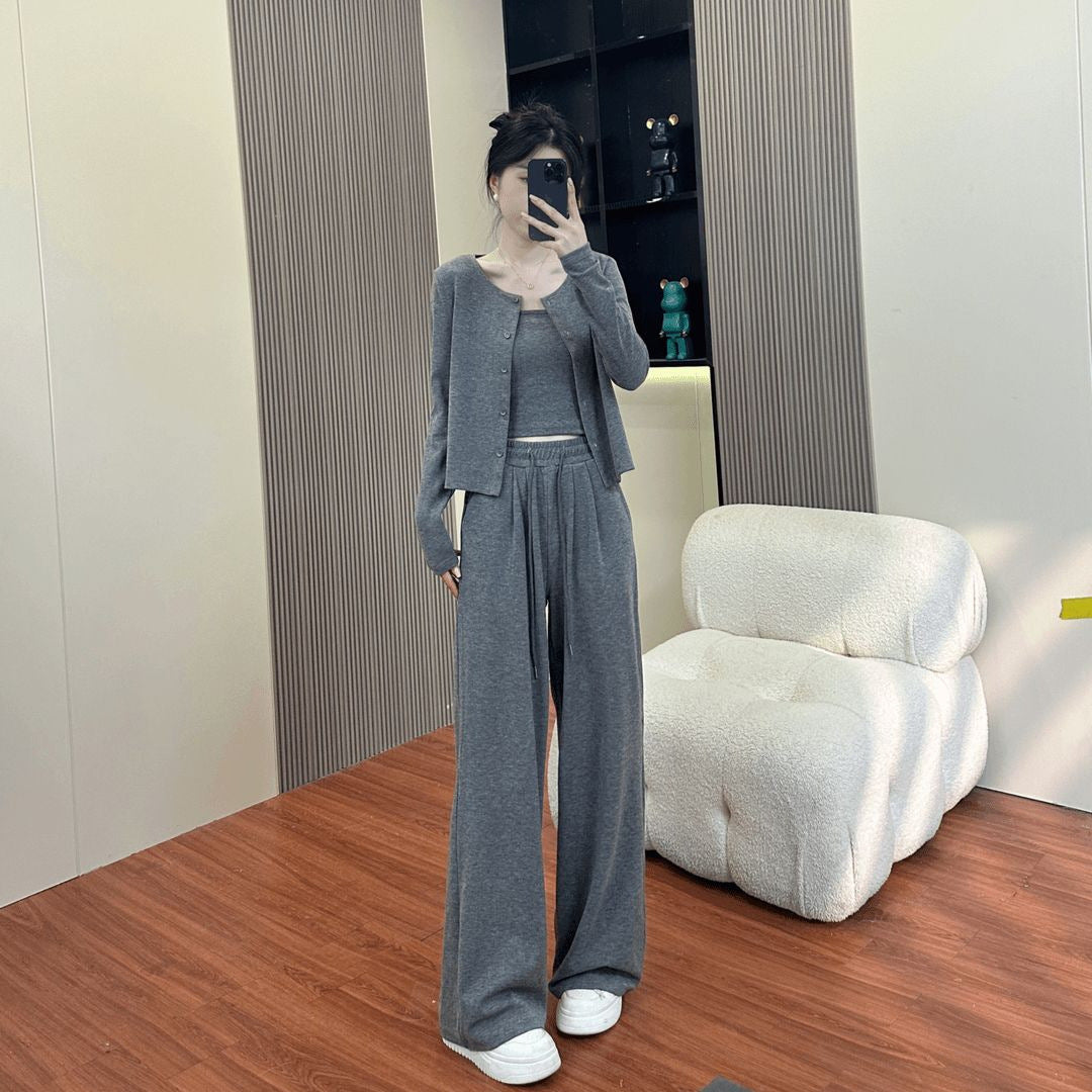 Wide-Leg Pants with Cardigan Jacket, 3-Piece Women's Outfit