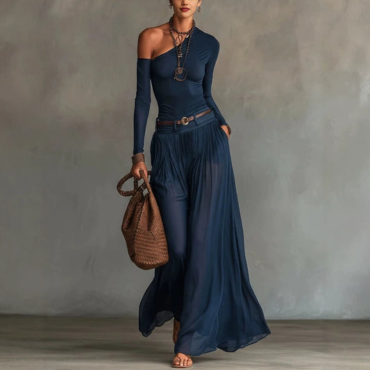 Asymmetrical Long Sleeve Casual Set with Belted Long Dress