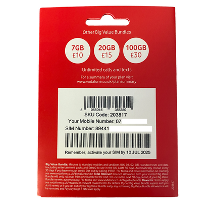 Carte SIM Vodafone Pay As You Go Forfait 30 jours - 20 £