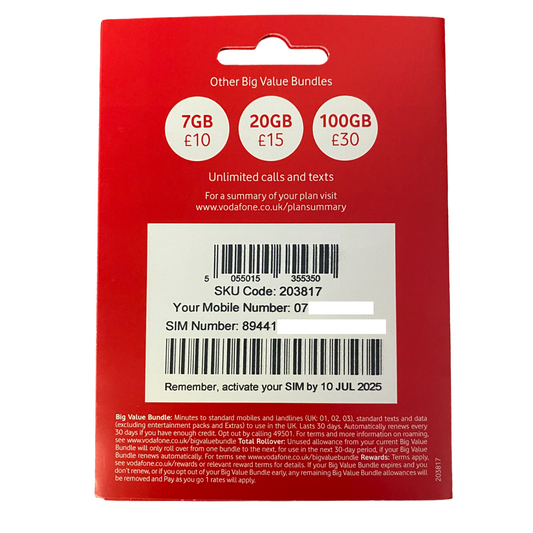 Carte SIM Vodafone Pay As You Go Forfait 30 jours - 20 £