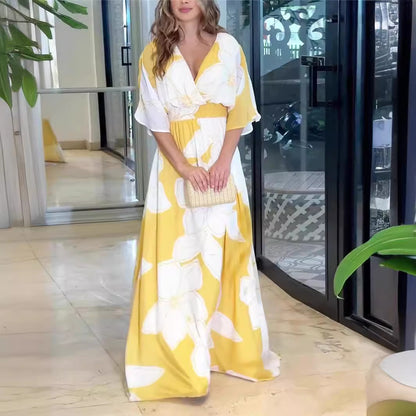 Flower Printed V-neck Batwing-sleeved Dress