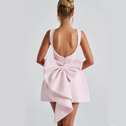 Fashion Big-Bowed Pearls Backless Dress Summer Slim Sleeveless A-line Dresses For Party Evening Women's Clothing