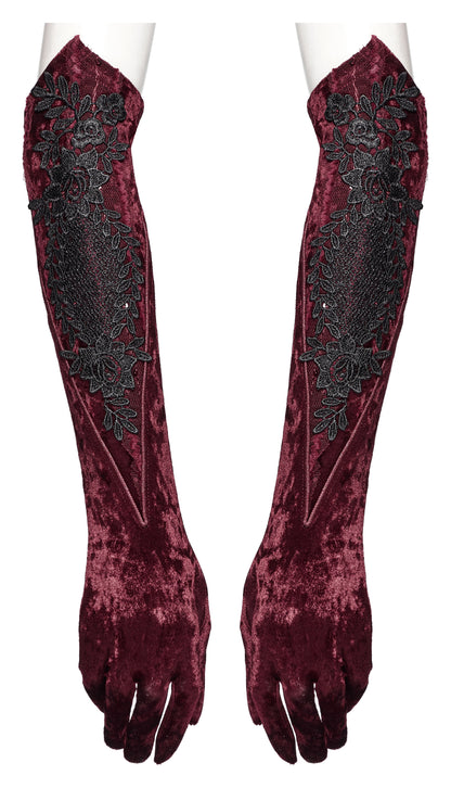 Gants en velours brodés Punk Rave Selene rouges