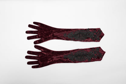 Gants en velours brodés Punk Rave Selene rouges