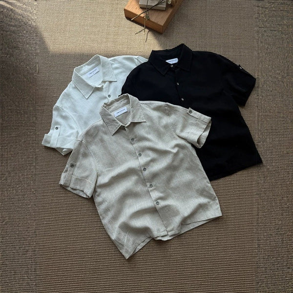 Linen Tencel Lyocell Classic Fit Cuffed Button-Up Casual Short Sleeve Shirt