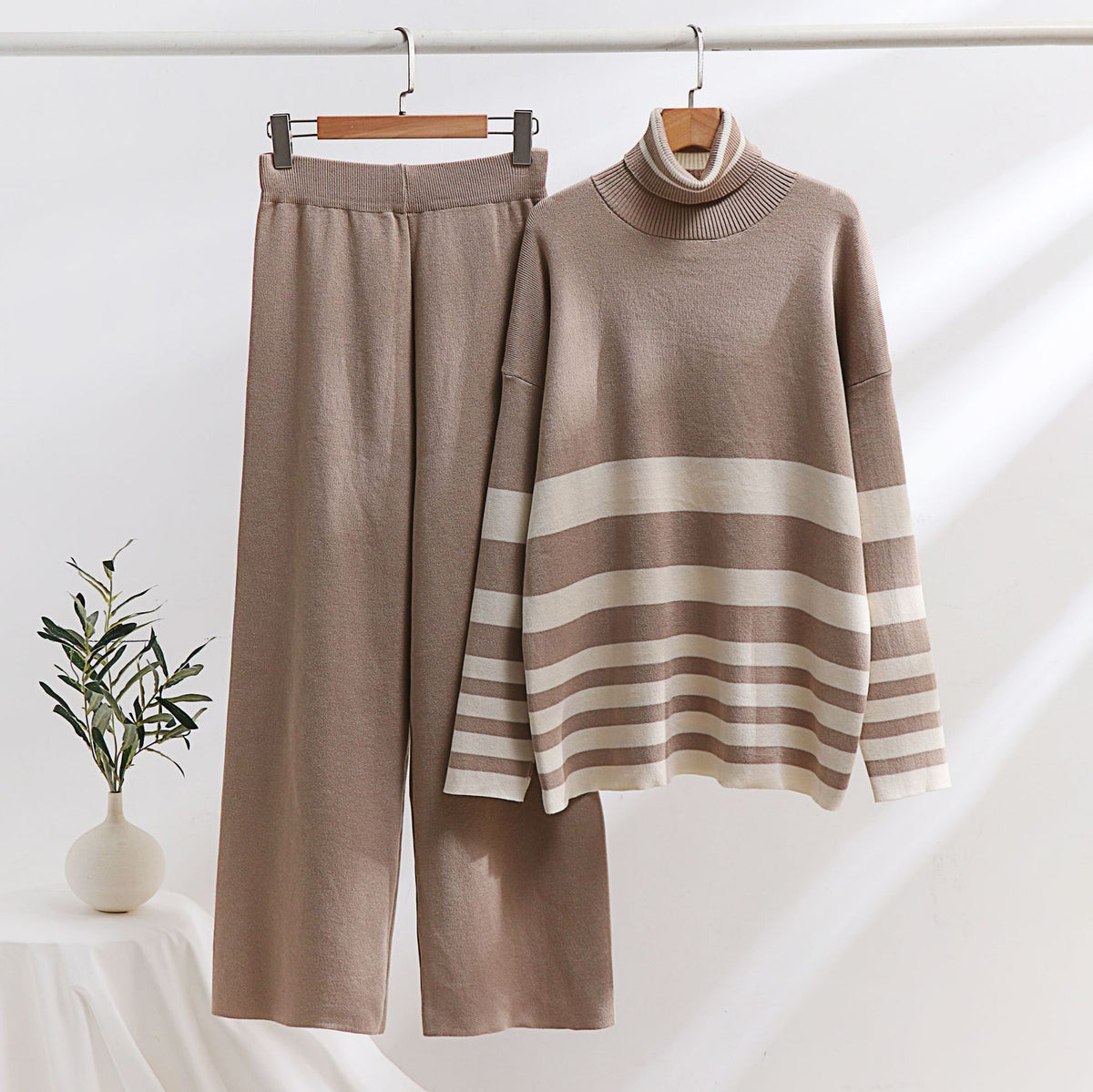 knitted sweater, high waist loose wide leg pants set,