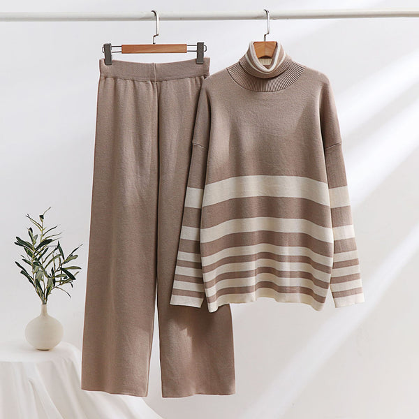 knitted sweater, high waist loose wide leg pants set,