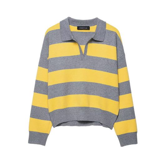 Striped polo shirt collar knit sweater