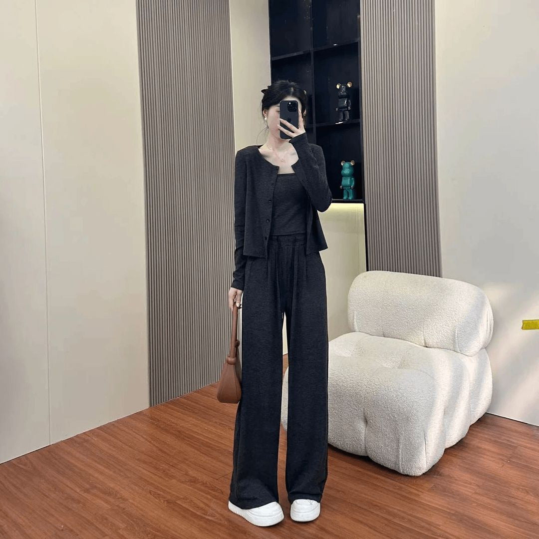 Wide-Leg Pants with Cardigan Jacket, 3-Piece Women's Outfit