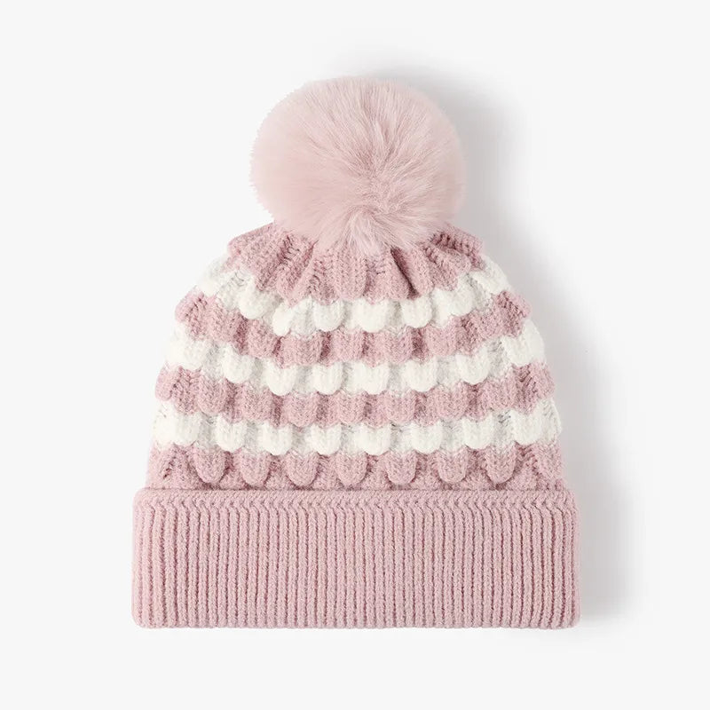 Striped contrast knit hat with pom-pom - view 2