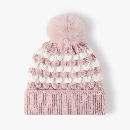 Striped contrast knit hat with pom-pom - view 2