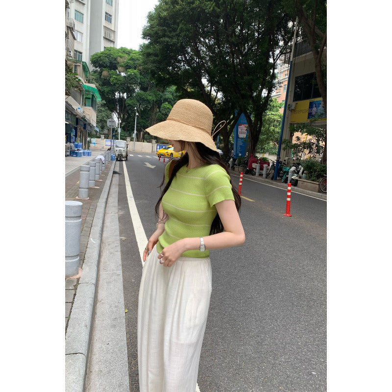 Green Stripe Regular Sleeve Fitted Wool Knit