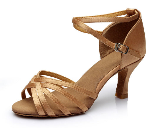 Chaussures de danse latine pour femmes adultes avec talons moyens à hauts Chaussures d'entraînement intérieures pour la danse latine, chaussures de gymnastique en satin
