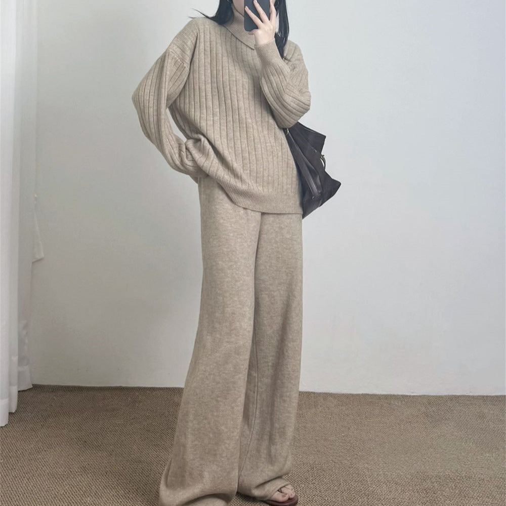 Collar sweater solid color straight leg pants two-piece set