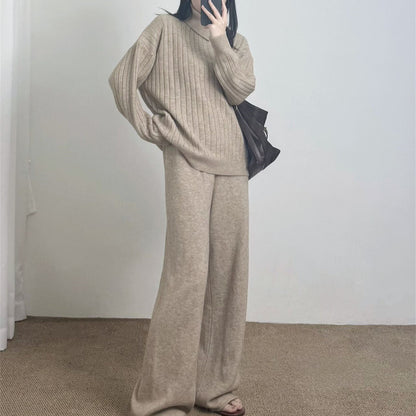 Collar sweater solid color straight leg pants two-piece set