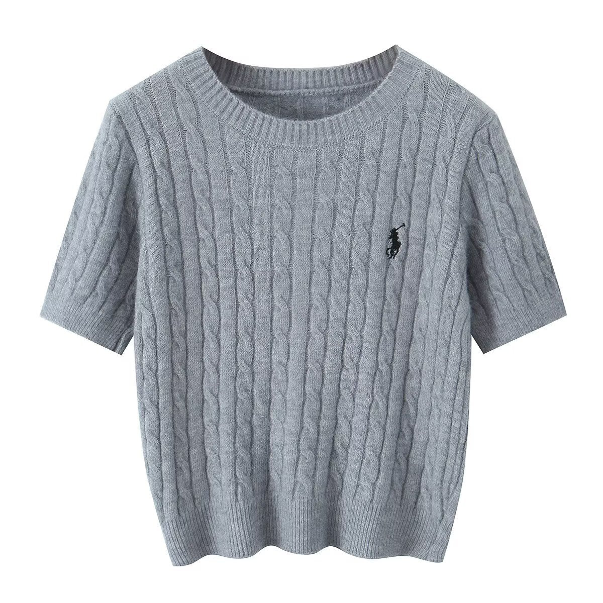 College style round neck embroidered short sleeved knitted sweater
