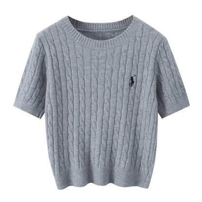 College style round neck embroidered short sleeved knitted sweater