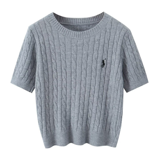 College style round neck embroidered short sleeved knitted sweater