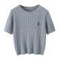 College style round neck embroidered short sleeved knitted sweater