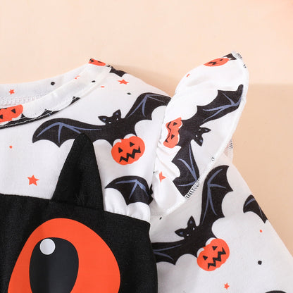Halloween Girls' Bat Print Dress Long Sleeve Tulle Princess Dress Party Performance Outfit