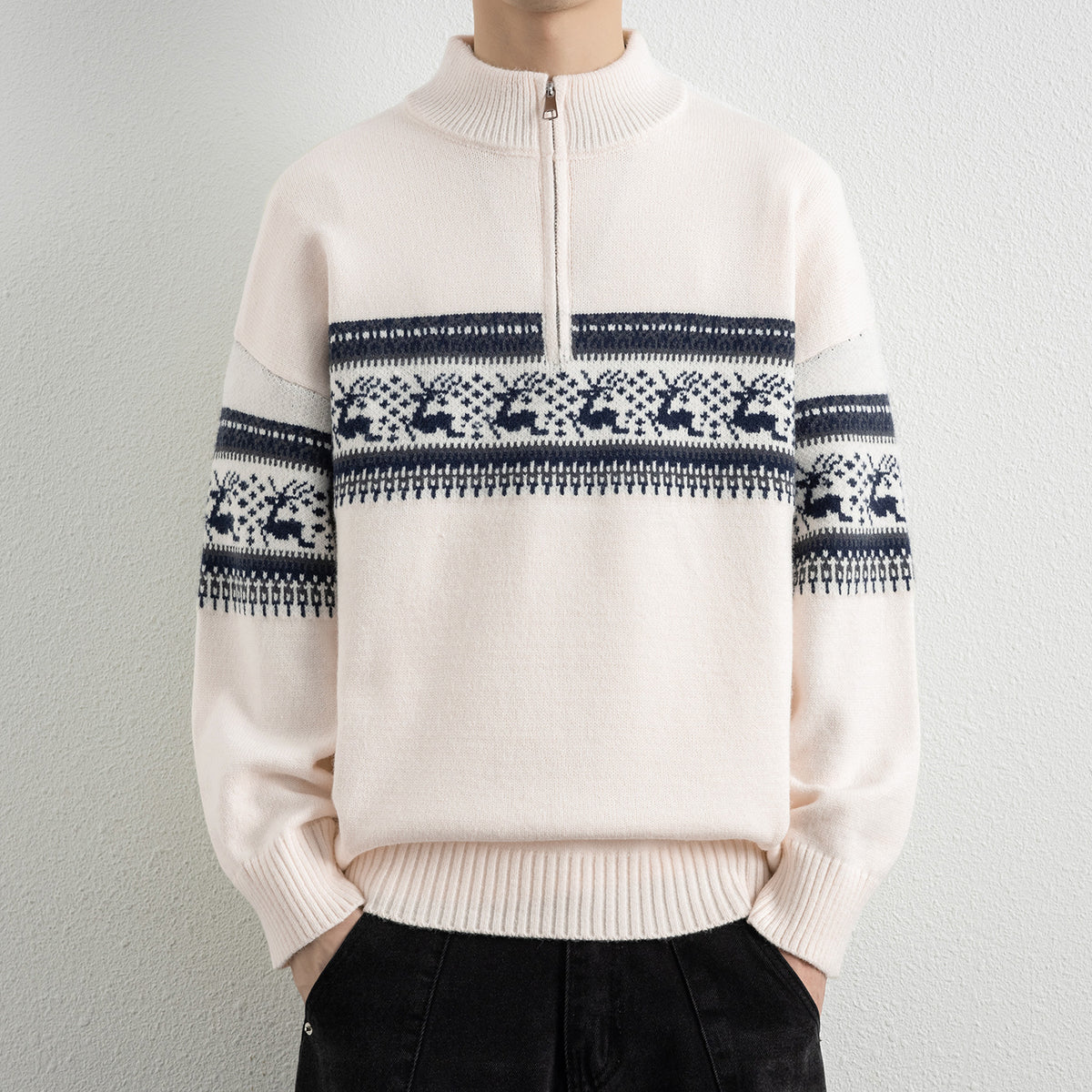 Casual Color Block Long Sleeve Half Zip Stand Collar Men's Sweater