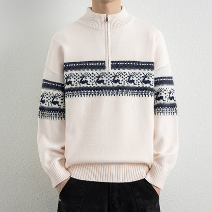 Casual Color Block Long Sleeve Half Zip Stand Collar Men's Sweater