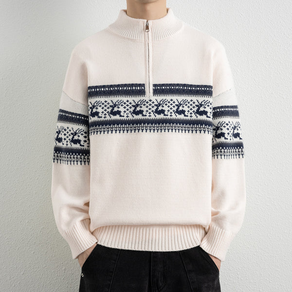 Casual Color Block Long Sleeve Half Zip Stand Collar Men's Sweater