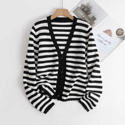V-neck Striped Knit Cardigan Top