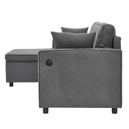 L-Shaped Pull Out Sleep Sofabed, Modern Reversible Sleeper Sectional Sofa, 3 In 1 Convertible Sofa Bed With Storage Chaise, Drop-Down Table, Cup Holders And Charging Ports, Grey