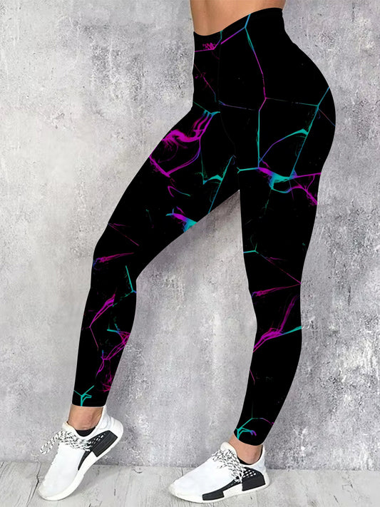 Legging taille haute femme grande taille à imprimé floral - Extensible, décontracté, lavable en machine, noir avec des touches de violet vif et de sarcelle, coupe confortable toutes saisons, legging taille haute