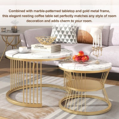 2-Piece Nesting Coffee Tables with Marble-Look Tops