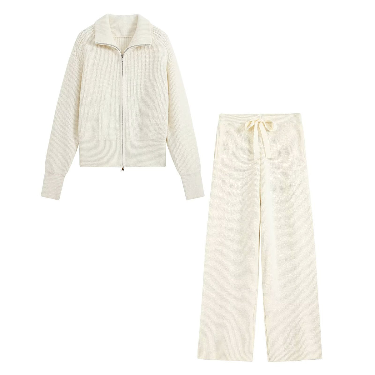 Zipper large collar knitted sweater+pants set for women