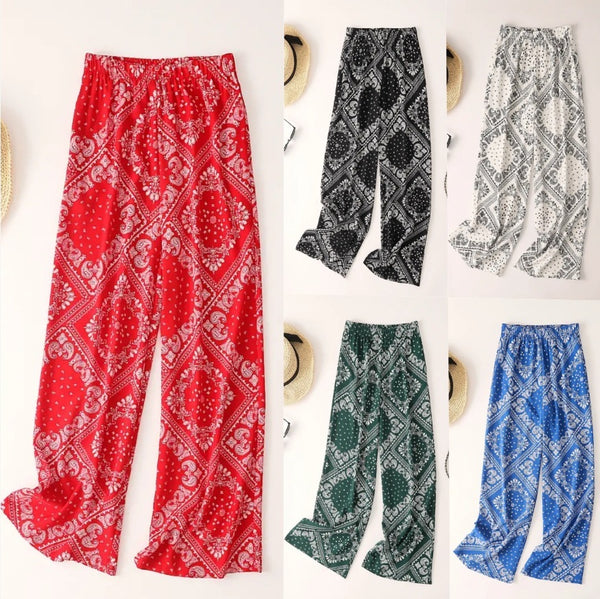 Women's Paisley Print Wide Leg Trousers - Bohemian Casual Pants