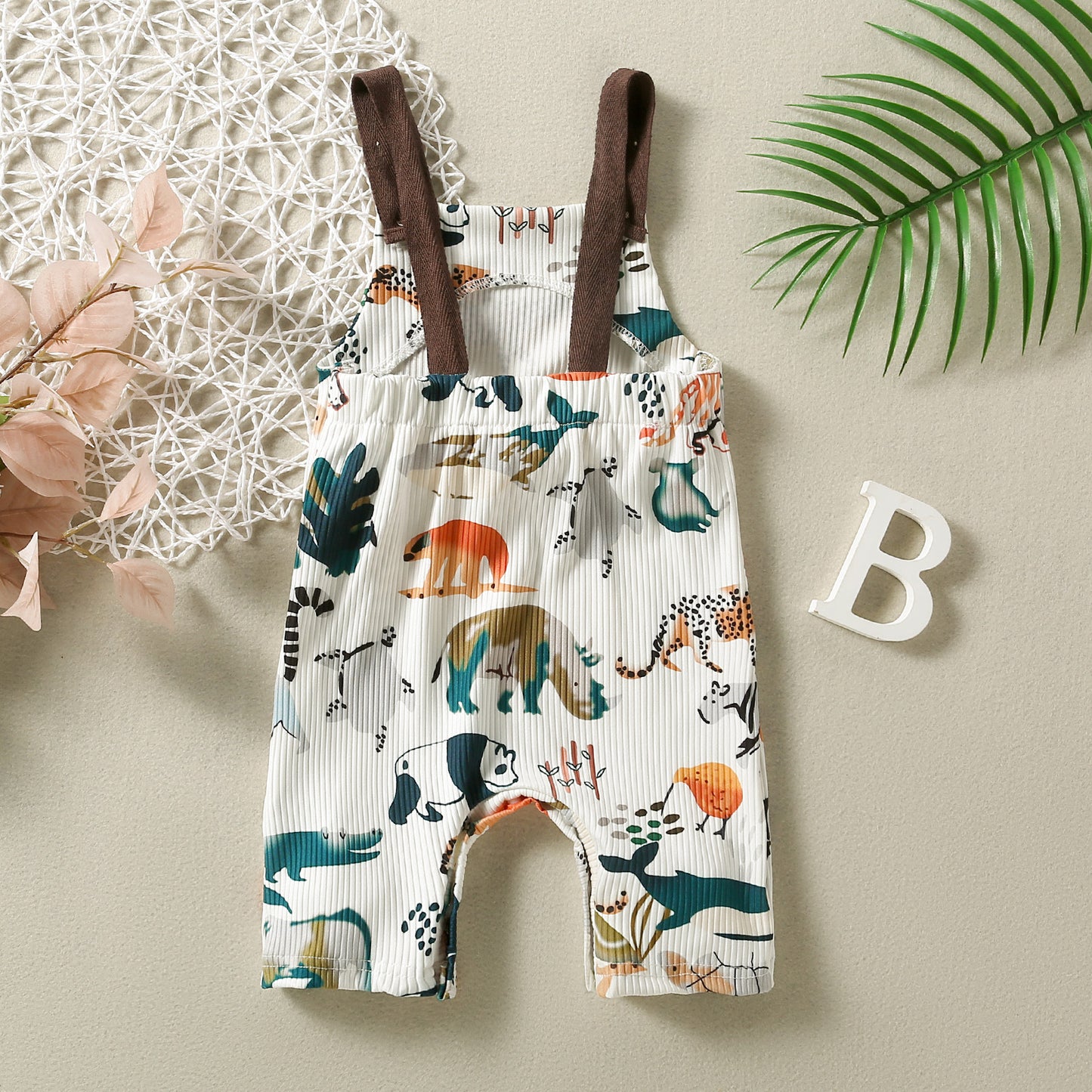 Baby Cotton Sunken Stripe Printed Animal Sling Jumpsuit