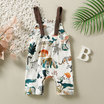 Baby Cotton Sunken Stripe Printed Animal Sling Jumpsuit