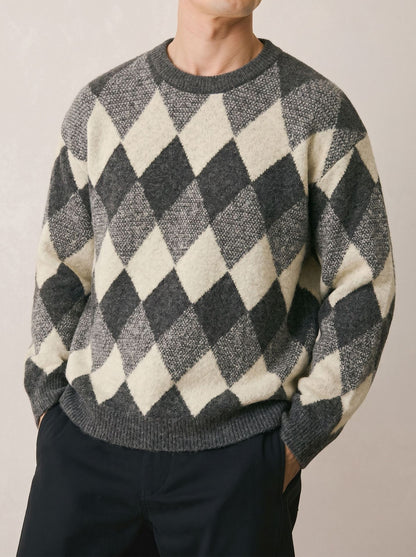 Diamond grid long sleeved sweater for men