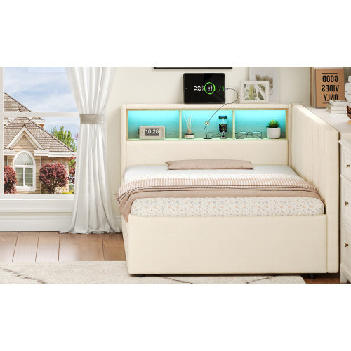 3ft Single Daybed With Two Storage Drawers, LED Modern Bed Frame With Charging Station, Linen Sofa Bed For Living Room Bedroom Study Room, 90X190cm, Easy Assembly, Beige
